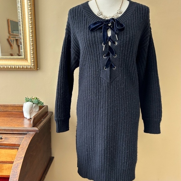 Rails Nicole Cashmere Sweater Dress Cashmere Velvet Lace-Up Chunky Knit Size L - Picture 4 of 16